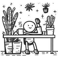 Cheerful person broadcasting or communicating from a vibrant plant filled workspace with a microphone