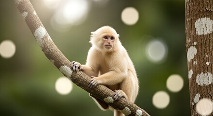 Albino Capuchin Monkey Perched on a Tree Branch.