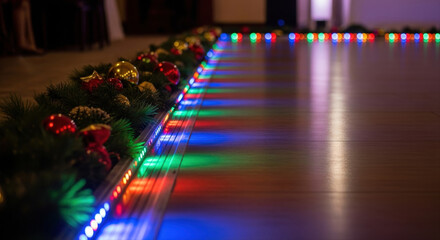 Festive new year party dance floor adorned with colorful LED lights and floral decorations, creating a vibrant and celebratory atmosphere