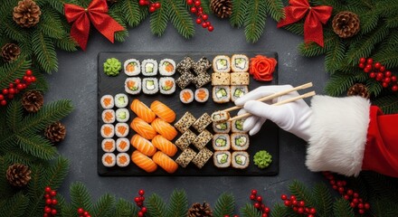 Christmas sushi set with a hand in a festive glove holding chopsticks, framed by holiday decorations.