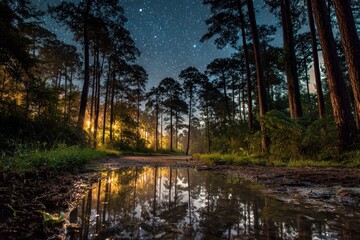 Nighttime woodland landscape in The Woodlands, Texas with starry sky and moonlit water