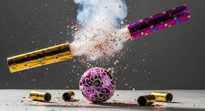 Vibrant confetti cannon burst in action shot with colorful streamers exploding against a dark background, featuring decorative purple ornament nearby