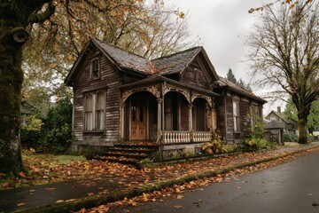 Old clapboard house with front porch and autumn leaves in Oregon town