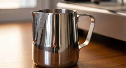 Polished stainless steel milk frothing pitcher rests on a wooden surface near a coffee machine