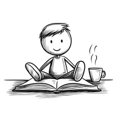 Cheerful stick figure character happily sitting on a large open book next to a steaming cup