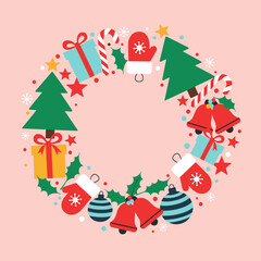 Christmas Wreath Decoration with Gifts Trees and Bells.