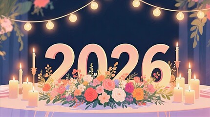 Round Reception Table With Roses Candles And Large Glowing 2026 Centerpiece Under Hanging String Lights, Romantic Wedding Decor