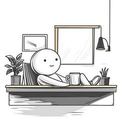 Cheerful Stick Figure Character Relaxing Comfortably at an Organized Office Desk with a Warm Drink