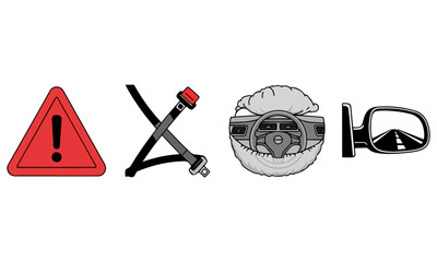 Car Safety Icons Warning Sign, Seatbelt, Airbag, and Side Mirror on White Background
