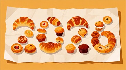 Assorted Croissants Muffins Scones And Pastries On Crumpled Paper With Subtle 2026 Marking In Paper Corner, Bakery Pastry Background