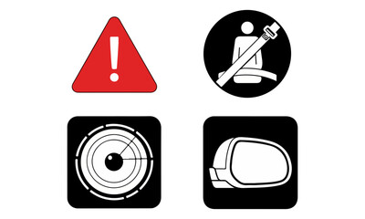 Car Safety Icons Warning, Seatbelt, Radar, Side Mirror