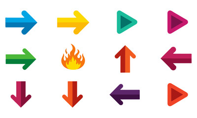 Colorful Arrow Icons and Fire Symbol Collection on White Background