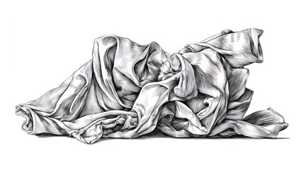 Intricate grayscale drawing showing crumpled fabric with detailed folds and shadows against a white backdrop