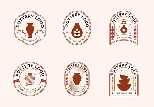 Pottery Logo Templates Minimal Vintage Ceramic Badges and Craft Emblems Set