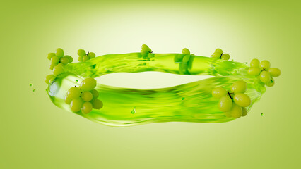 3D rendering of Green Grapes Floating in Liquid Splash Ring on Light Green Background
