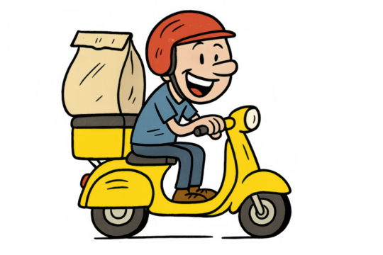 Cartoon character man smiling, wearing helmet, riding yellow scooter with a food delivery bag. Transparent background