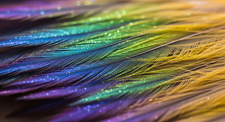 Vibrant iridescent feathers with glittering bokeh effect texture