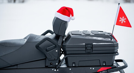  Snowmobile seat and storage compartment detail with festive decoration. Small Santa hat and safety flag attached to the machine.  Festive snowmobile ride, adventure thrill, winter snow, red accents
