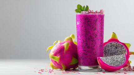 A vibrant dragon fruit smoothie in a glass with fresh dragon fruits and mint leaves on a white surface