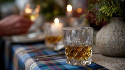 scottish burns night theme, a warm scottish dining room adorned for burns night, with tartan tablecloths, candles, whisky glasses, guests in kilts, toasting during the haggis ceremony, and cozy