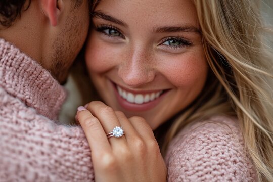 Joyful woman showing off engagement ring with a radiant smile - Powered by Adobe