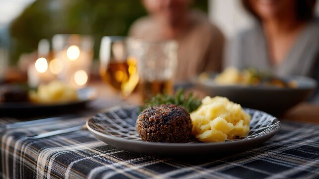 traditional scottish celebration, friends enjoy a burns night meal at home, serving haggis on tartan plates, sharing laughter and warmth in soft evening light