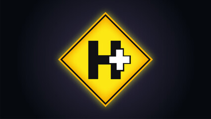 Obraz premium Yellow diamond graphic symbol shows black H with a white cross on a dark digital background illustration
