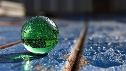Green Glass Marble on a Blue Surface.