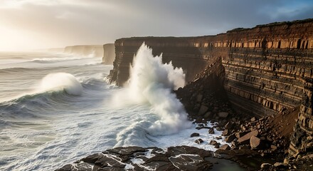 Dramatic Ocean Waves Crashing Against Rugged Coastal Cliffs Under a Dramatic Sky