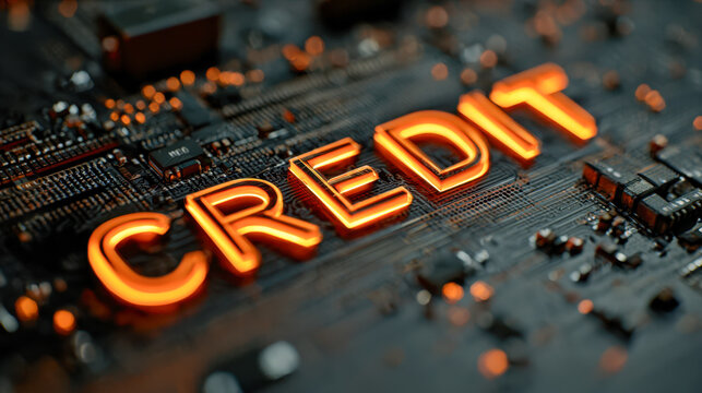 Glowing digital text spelling "credit" on a circuit board background