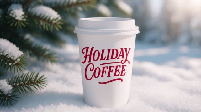 Holiday paper coffee cup with red lettering standing in snow near pine branches. Winter takeaway drink video for seasonal design or ad