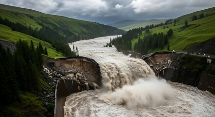 Fototapeta na wymiar Devastating Dam Breach Unleashes Flooding Through Lush Green Valley Under Dramatic Stormy Skies