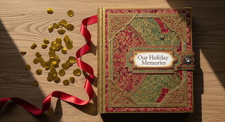 Decorative scrapbook with embellished cover on wooden surface. Gold confetti and ribbon beside the album. Elegant holiday scrapbook layout, red green design, memory keeping