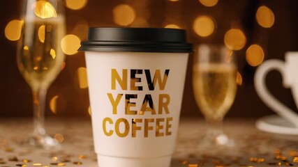 Paper coffee cup with New Year Coffee text and champagne glasses on festive table. Celebration video for holiday branding or ad