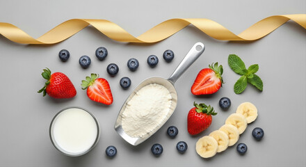 Protein shake ingredients arranged flat lay style. Gold ribbon, powder scoop, and fruit visible. fitness nutrition Christmas protein shake ingredients, fruits, festive