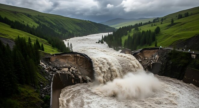 Devastating Dam Breach Unleashes Flooding Through Lush Green Valley Under Dramatic Stormy Skies