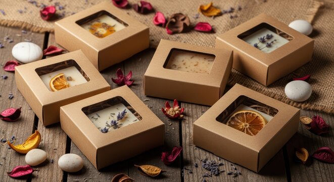 Handcrafted aromatic soap collection with dried flowers and citrus on rustic wooden table