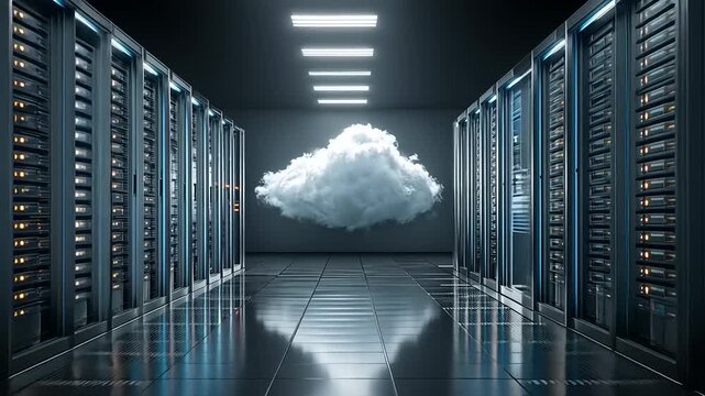 High-tech server room with cloud computing concept, showcasing data storage and connectivity - Powered by Adobe