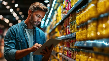 A focused individual analyzes product details on a tablet while shopping in a grocery store, surrounded by meticulously organized shelves filled with vibrant yellow food items. - Powered by Adobe