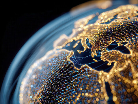 Digital globe visualization with illuminated connections highlighting Europe and surrounding regions in a futuristic network representing global communication and technol