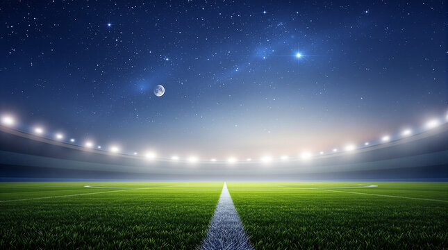 Nighttime Stadium: An empty football field under a starlit night sky, illuminated by bright stadium lights, captures the anticipation and grandeur of the game