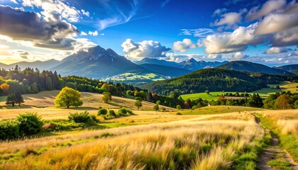 Golden field leads towards green hills and mountains under a bright sky with fluffy clouds at sunset