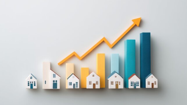 Real estate market growth with toy houses and rising bar graph on white
