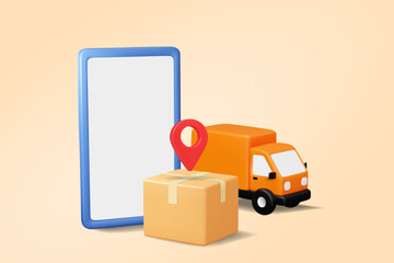 3D vector illustration rendering of mobile parcel delivery and logistics service concept with smartphone, truck, parcel, delivery van and pin on map. Online shipment tracking and last mile delivery. © Khomkrid