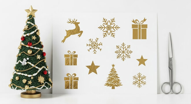 Gold foil tattoo designs on white backing paper. Small decorated tree and scissors beside the sheet.  Gold glitter party temporary tattoos, festive Christmas theme