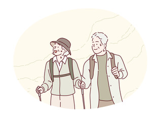 Elderly couple mountain climbers with backpacks during nature adventure Original vector illustration drawn by hand.