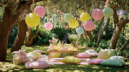 Colorful outdoor picnic setup for a spring celebration in a garden
