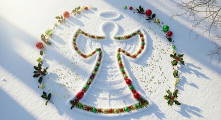 Snow angel with festive decorations marking outline. Gold confetti and holly sprigs placed around wings. Colorful snow angel making, overhead view, festive decor, bright