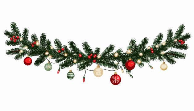 A festive Christmas garland with fir branches, red berries, glowing lights, and colorful baubles on a white background.
