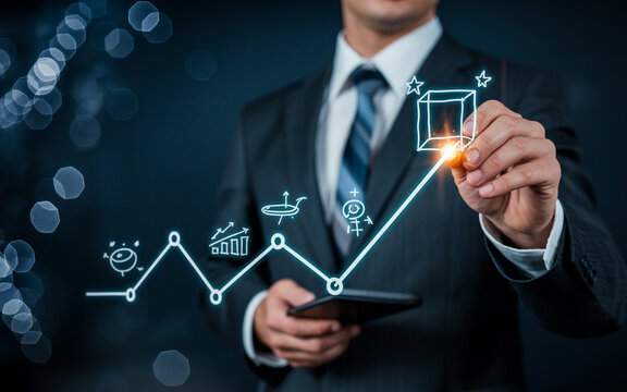 Businessman drawing a growth chart with digital pen showing business development and financial success on a virtual screen in a modern dark office environment - Powered by Adobe